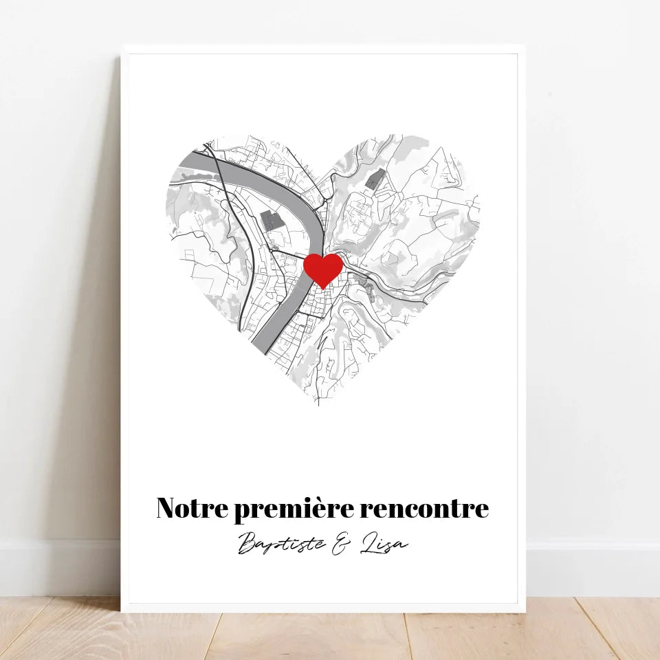 Affiche personnalisée Carte Cœur &quot;Notre première rencontre&quot;