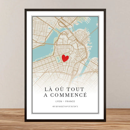 Affiche personnalisée couple - Carte personnalisable, lieu de la première rencontre