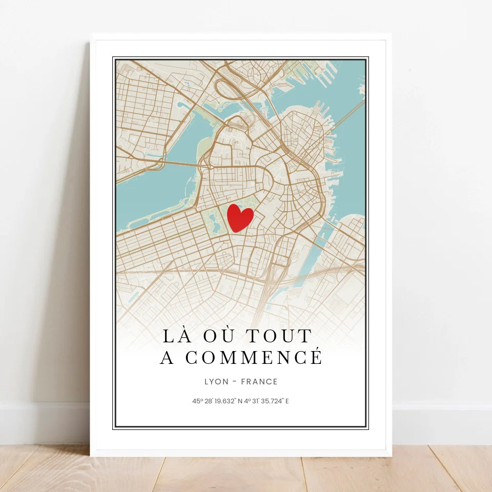 Affiche personnalisée couple - Carte personnalisable, lieu de la première rencontre