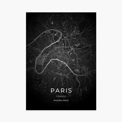 Affiche décoration carte de Paris noire, plan stylisé, idée cadeau personnalisé.