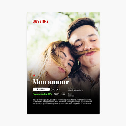 Affiche personnalisée style film, couple amoureux avec moustache de cheveux, fond nature, cadeau original