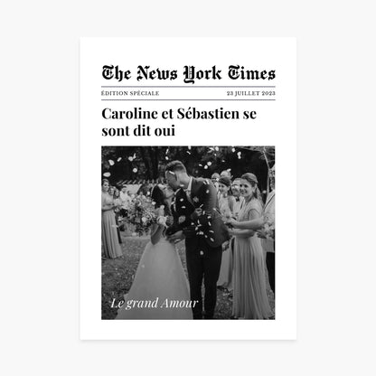 Affiche personnalisée mariage, une photo de couple de mariés qui s’embrassent, style journal.