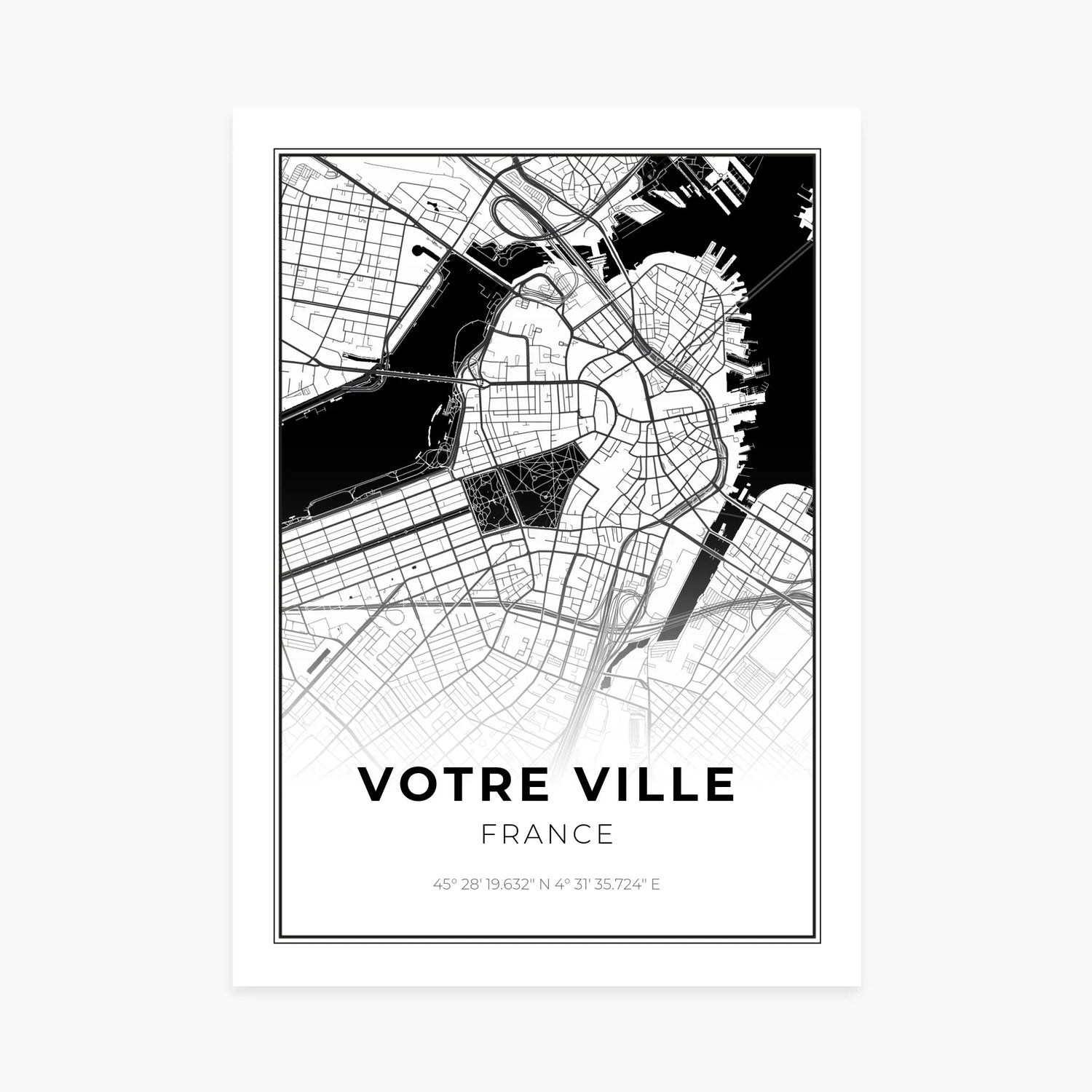 Affiche personnalisée carte de ville en noir et blanc avec coordonnées GPS, style élégant