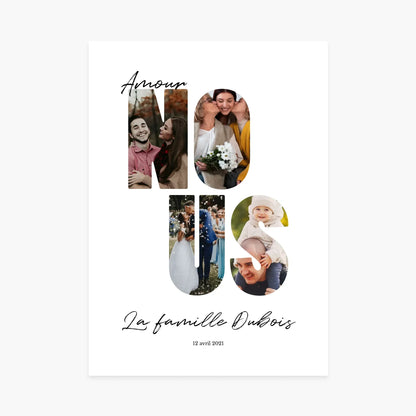 Affiche personnalisée famille avec photos, texte Amour Nous, cadeau original personnalisé