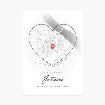 Affiche personnalisée avec carte de Lyon en forme de cœur, indication Place des Brotteaux, message Je t’aime.