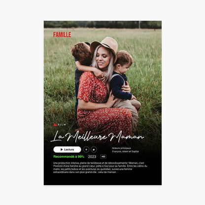 Affiche personnalisée style film avec mère en robe rouge et deux enfants dans un champ, texte &