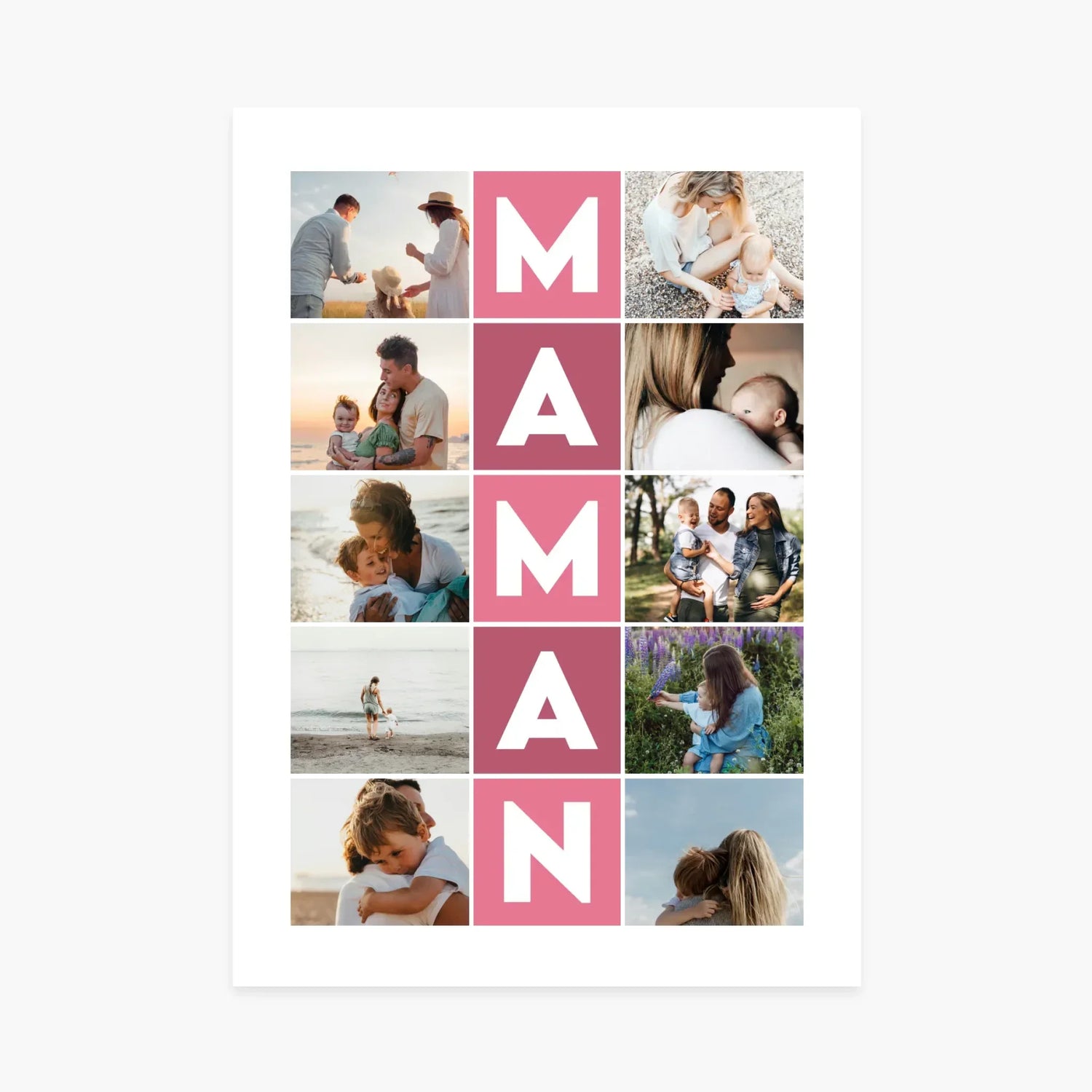 Affiche personnalisée avec collage de photos familiales et texte MAMAN en rose, idée cadeau fête des mères.