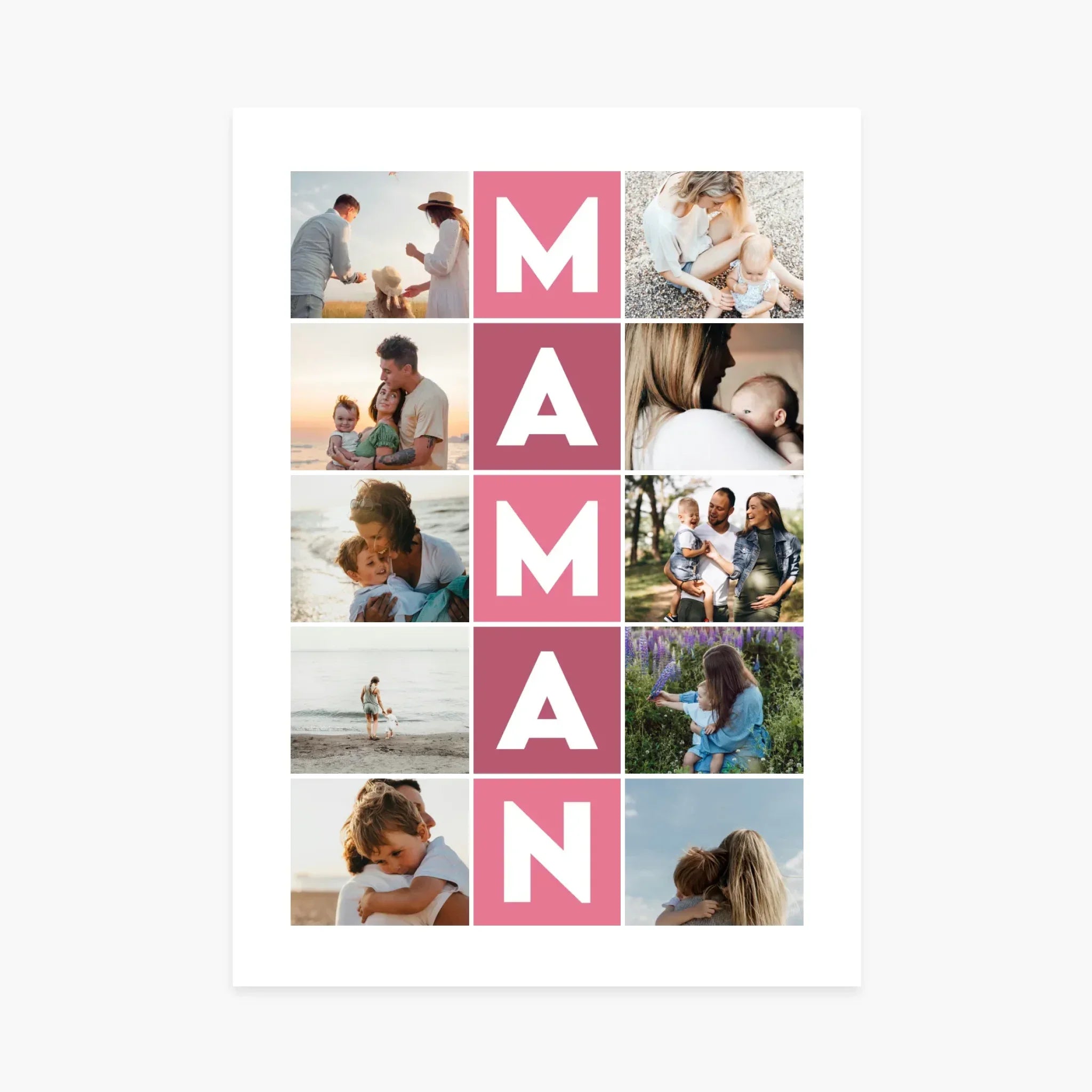 Affiche personnalisée avec collage de photos familiales et texte MAMAN en rose, idée cadeau fête des mères.