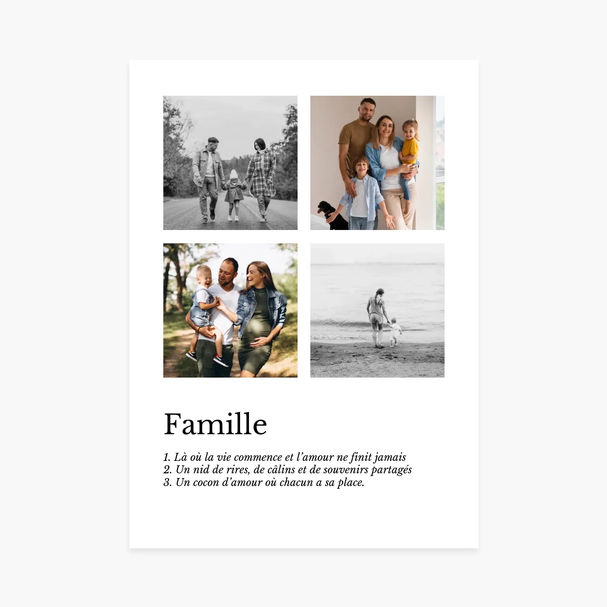 Affiche personnalisée famille avec quatre photos, texte citations sur l&