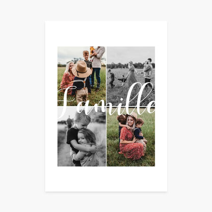 Affiche personnalisée collage photo famille sur fond blanc, prairies et enfants, cadeau sur mesure.