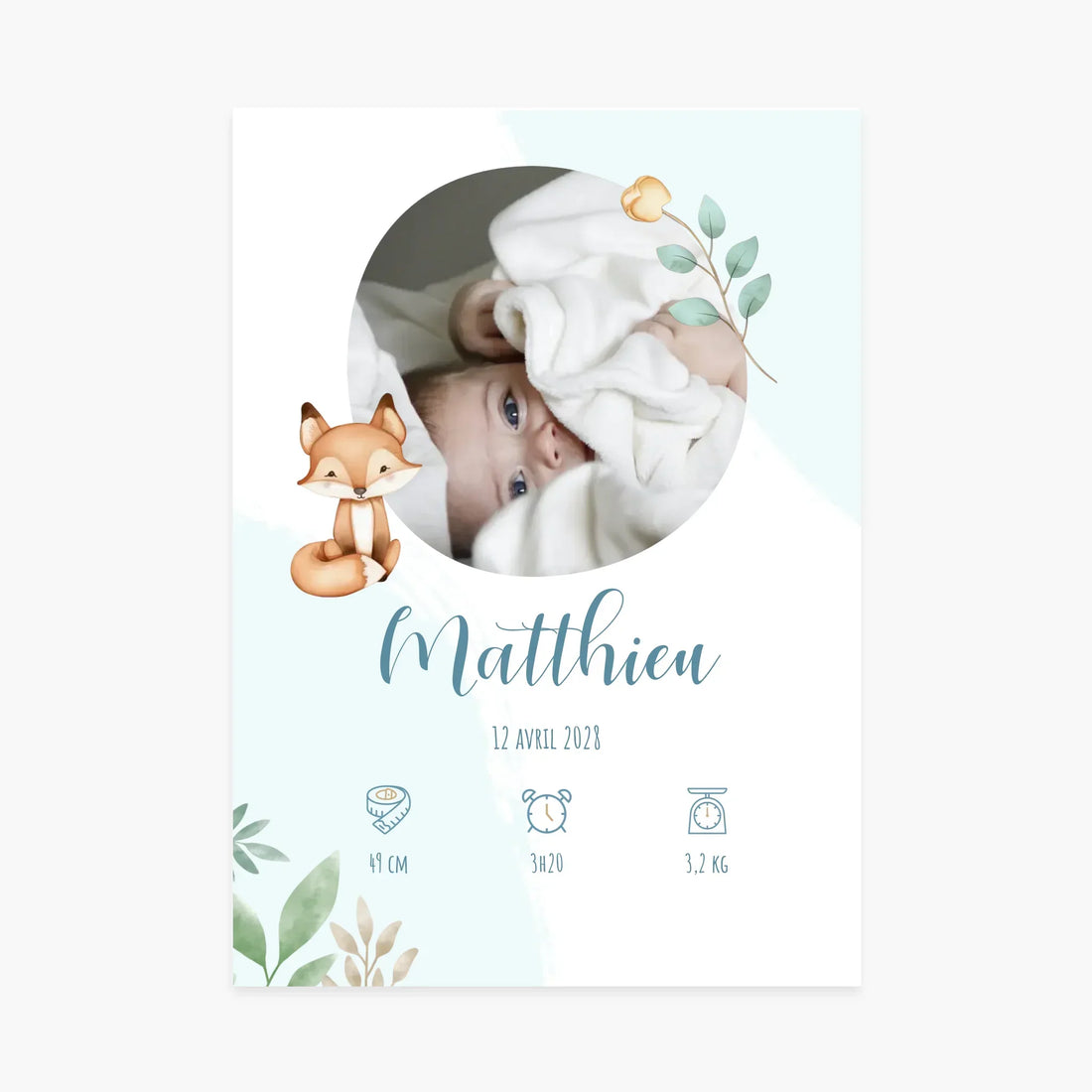 Affiche naissance personnalisée bébé, motif renard, photo et prénom, décorations nature