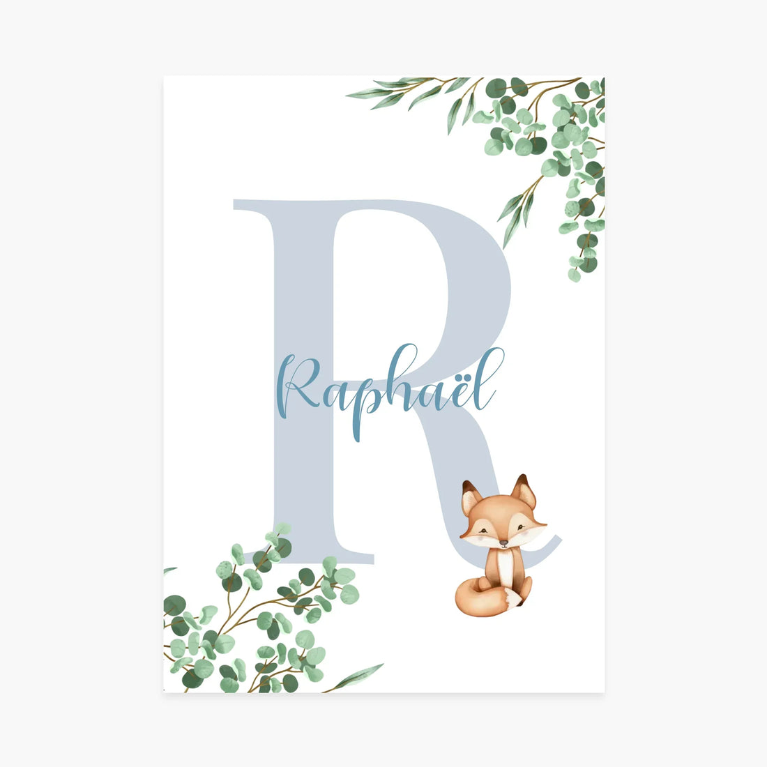 Affiche personnalisée lettre R, prénom Raphaël, renard mignon et feuillage eucalyptus
