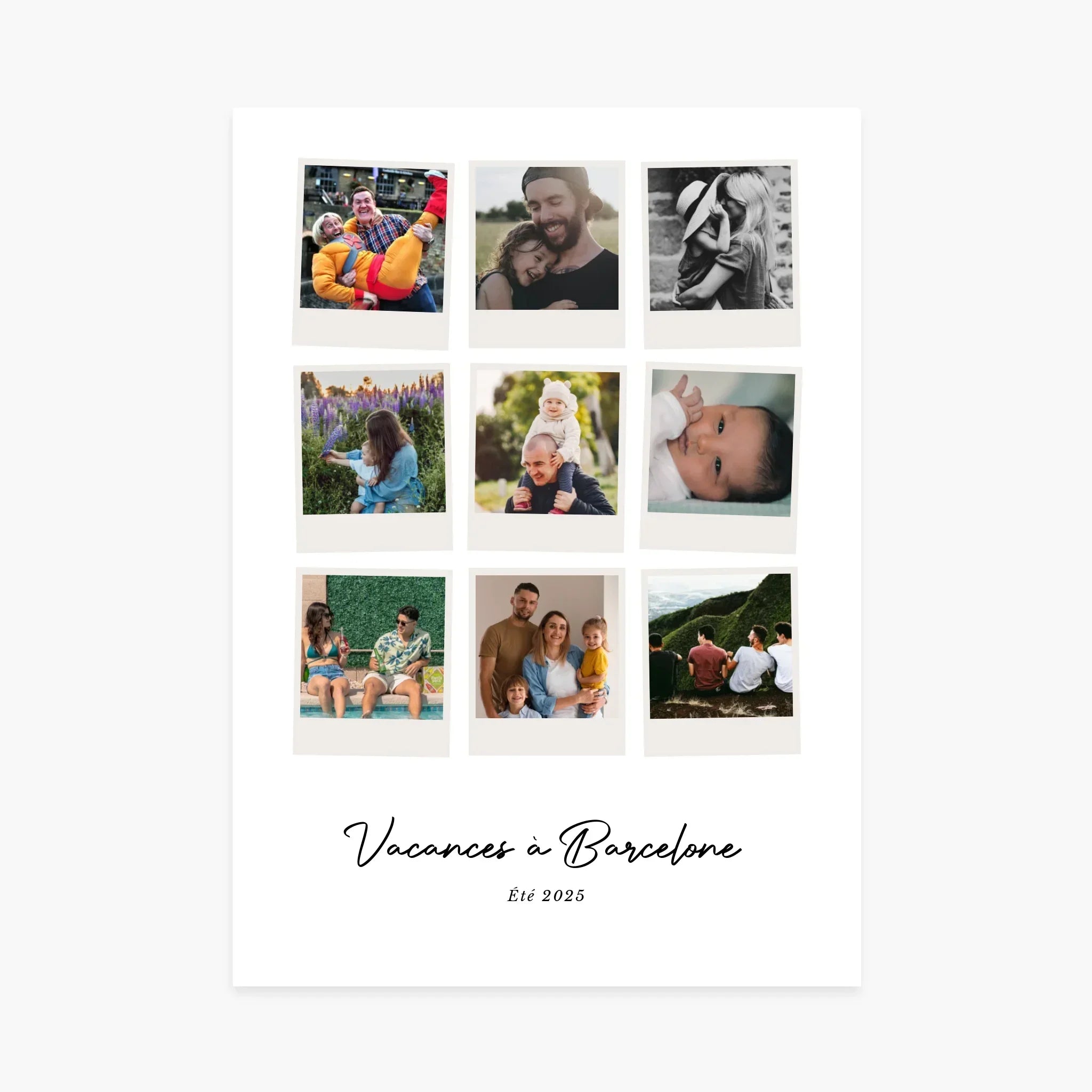 Affiche personnalisée collage photos de famille et amis, texte Vacances à Barcelone, été 2025