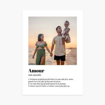 Affiche personnalisée famille sur la plage au coucher du soleil, texte définition amour