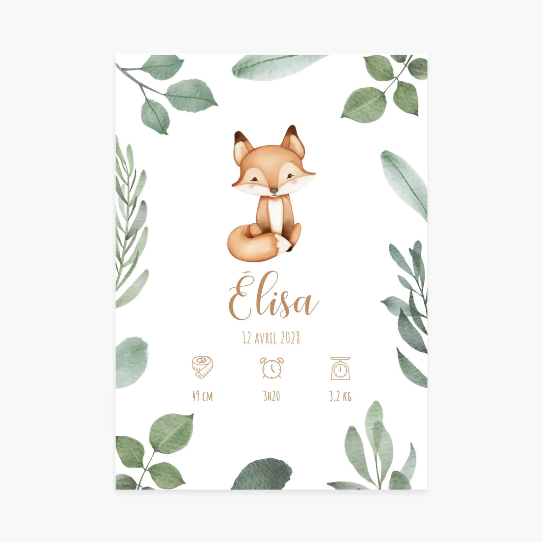 Affiche naissance personnalisée avec renard mignon, feuilles vertes et prénom Elisa décoratif