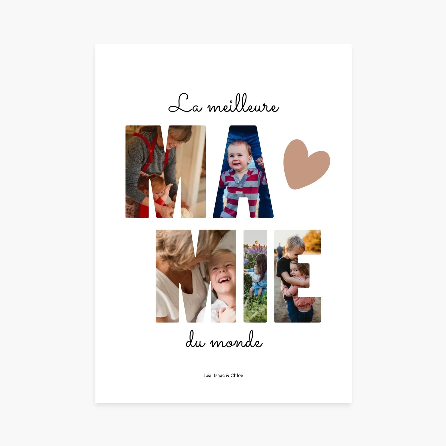 Affiche personnalisée avec photos famille, texte La meilleure mamie du monde, cœur décoratif