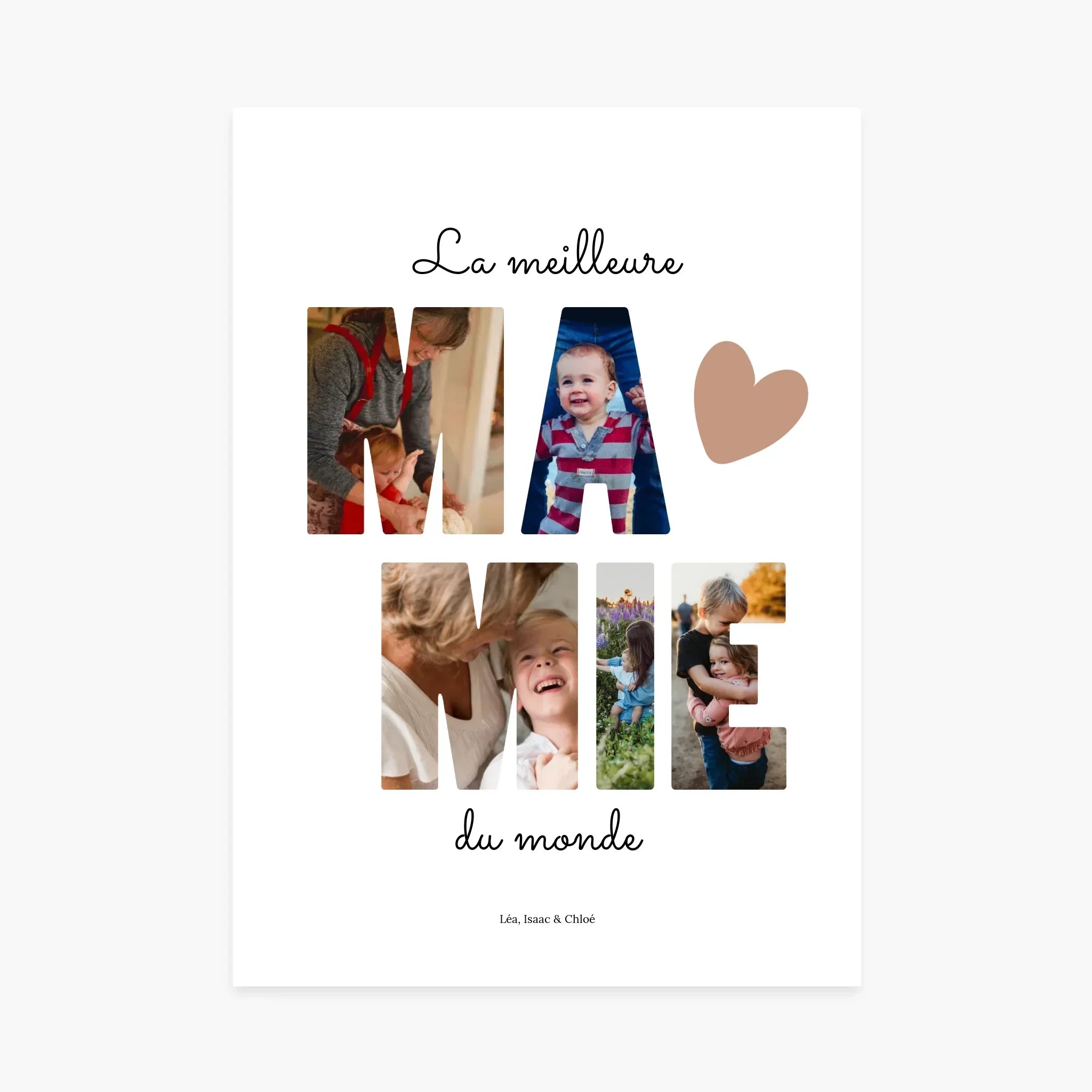 Affiche personnalisée avec photos famille, texte La meilleure mamie du monde, cœur décoratif