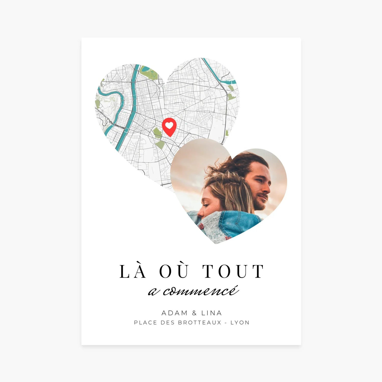 Affiche personnalisée avec carte en forme de cœur, photo de couple et texte Là où tout a commencé