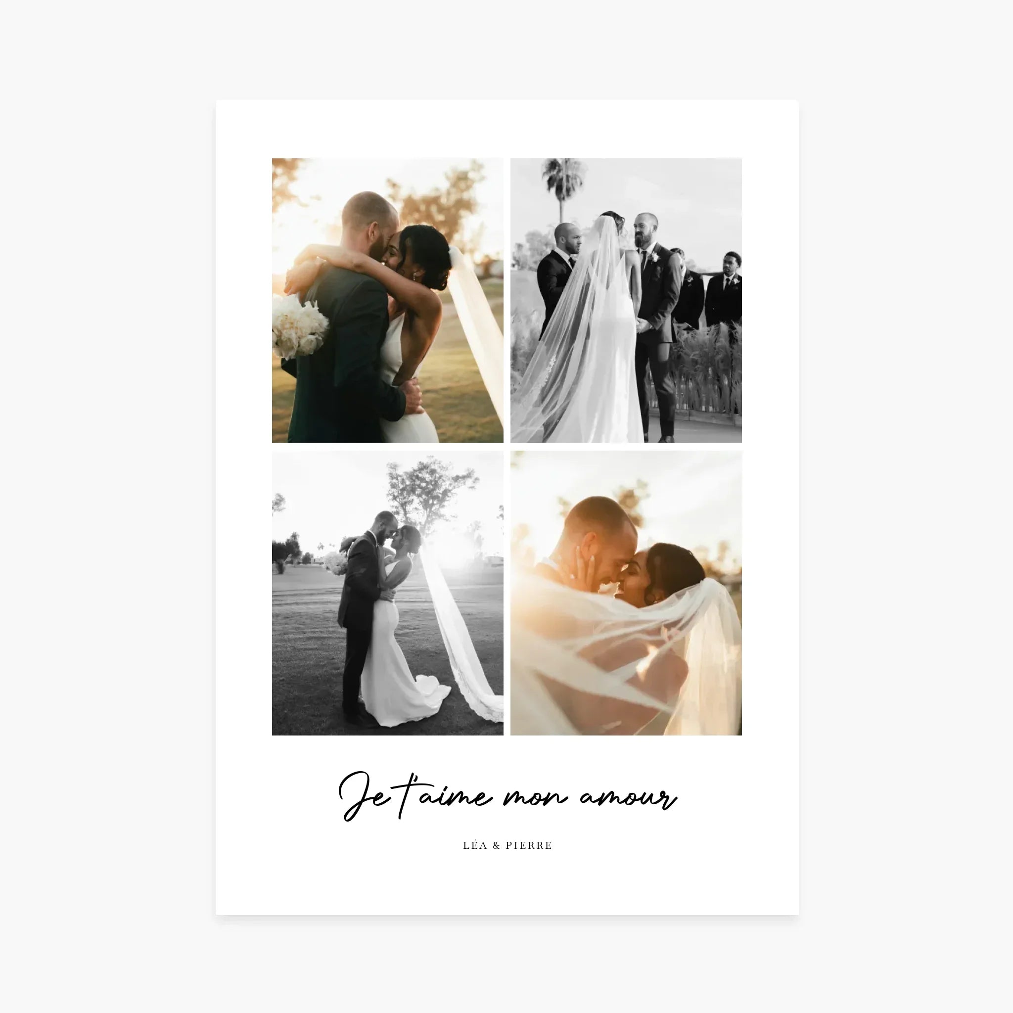 Affiche personnalisée mariage avec collage photo de couple, motif Je t&