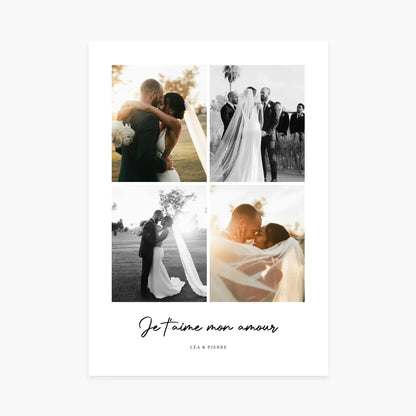 Affiche personnalisée mariage avec collage photo de couple, motif Je t&