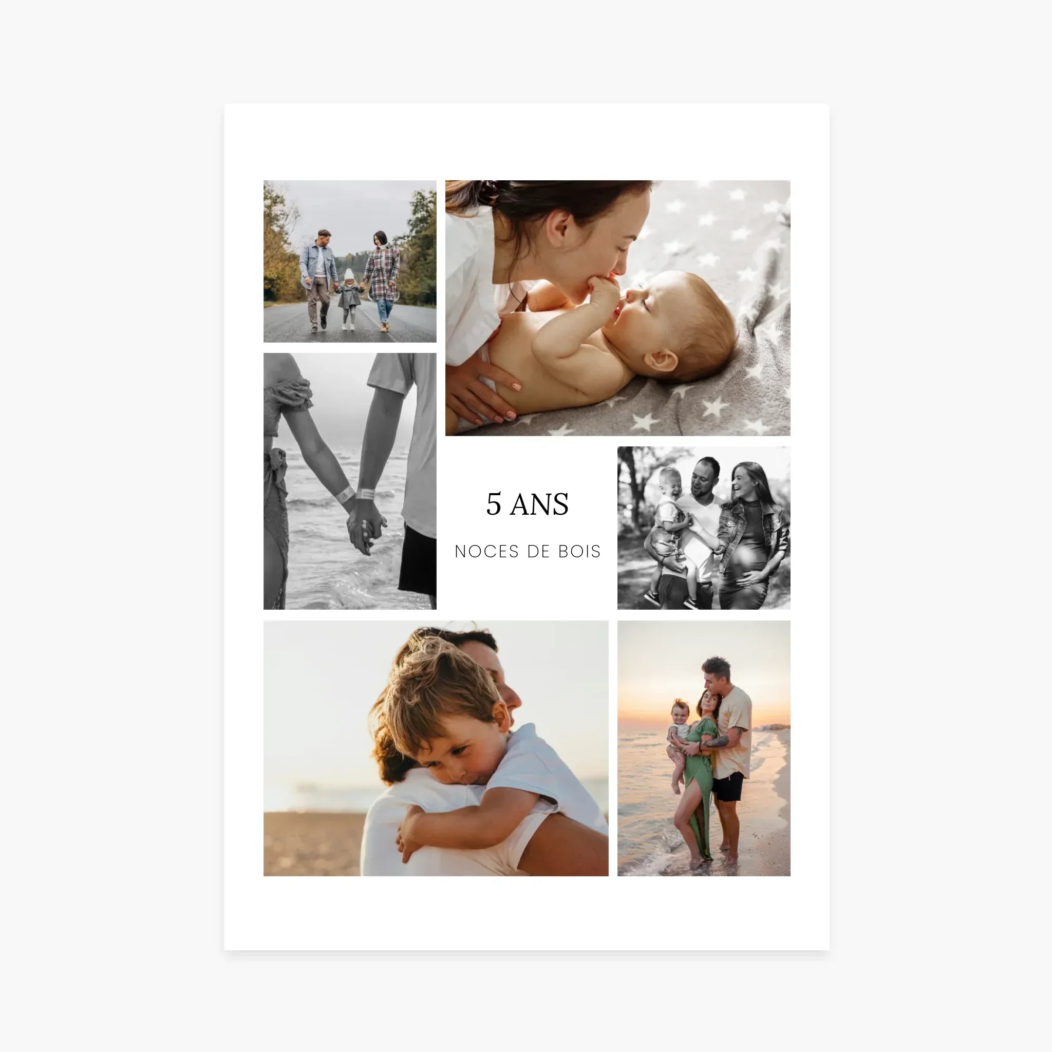Affiche personnalisée collage photo famille, texte 5 ans noces de bois, souvenir anniversaire mariage