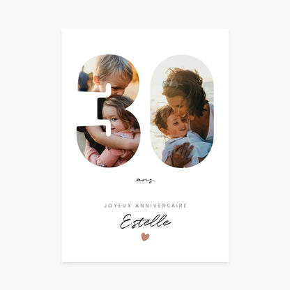 Affiche anniversaire personnalisée 30 ans avec photos de famille, message joyeux anniversaire, décor sobre.