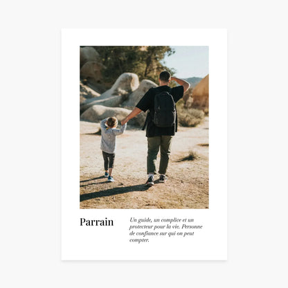 Affiche personnalisée parrain, adulte et enfant marchant main dans la main en plein air