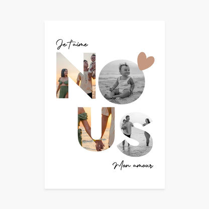 Affiche personnalisée avec photos de famille et texte Je t’aime, Mon amour, décor cœur.