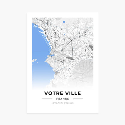 Affiche personnalisée carte de ville France, design minimaliste, coordonnées GPS, fond bleu.
