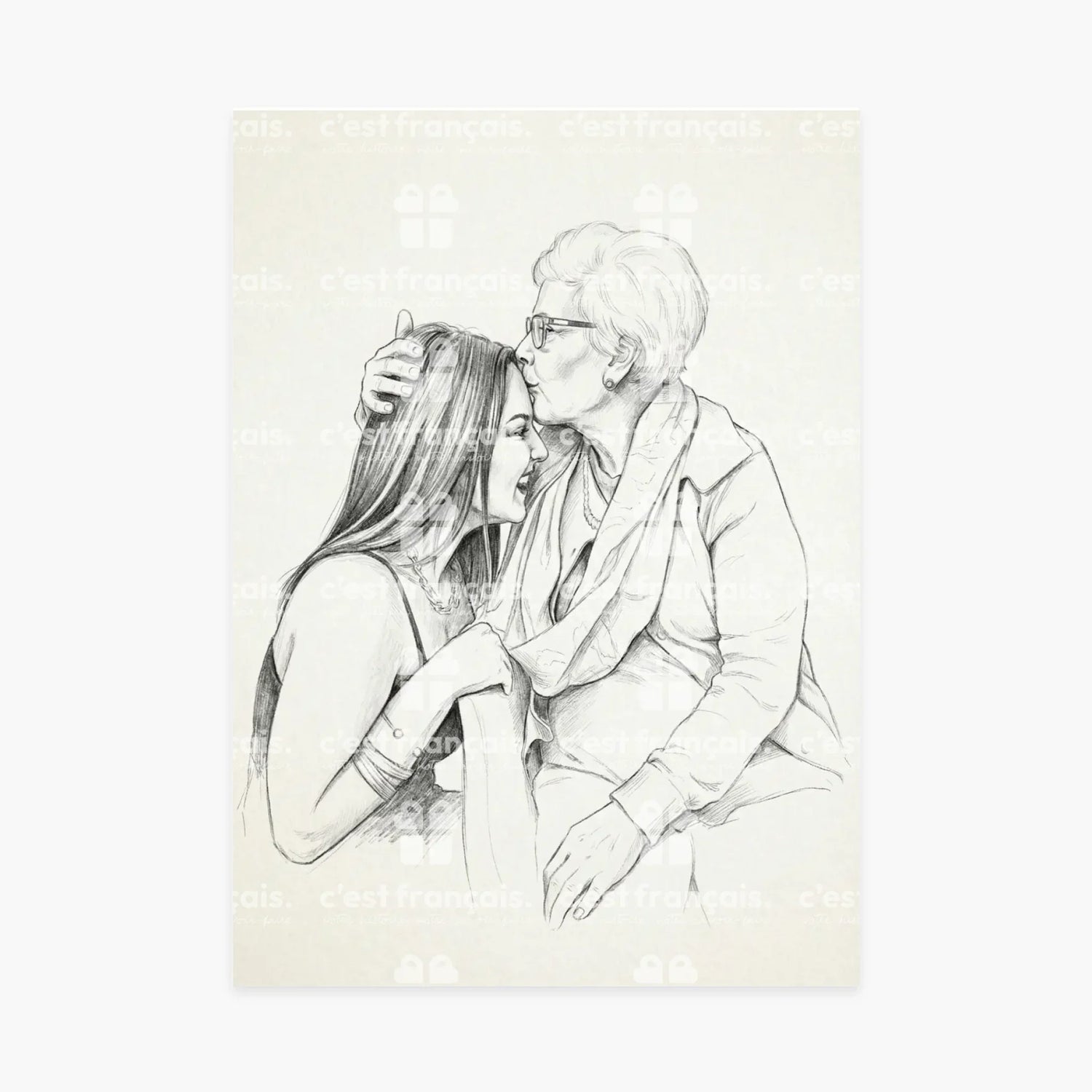 Dessin au crayon d’une grand-mère embrassant sa petite-fille, affiche cadeau famille personnalisée.
