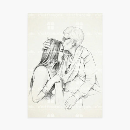Dessin au crayon d’une grand-mère embrassant sa petite-fille, affiche cadeau famille personnalisée.