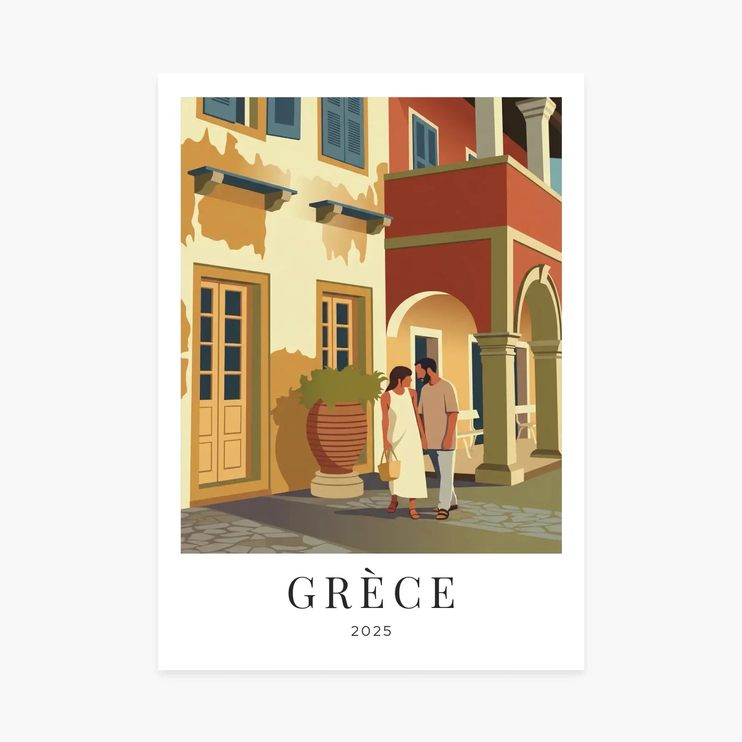 Affiche illustrée d’un couple marchant en Grèce devant des bâtiments colorés, style rétro, 2025
