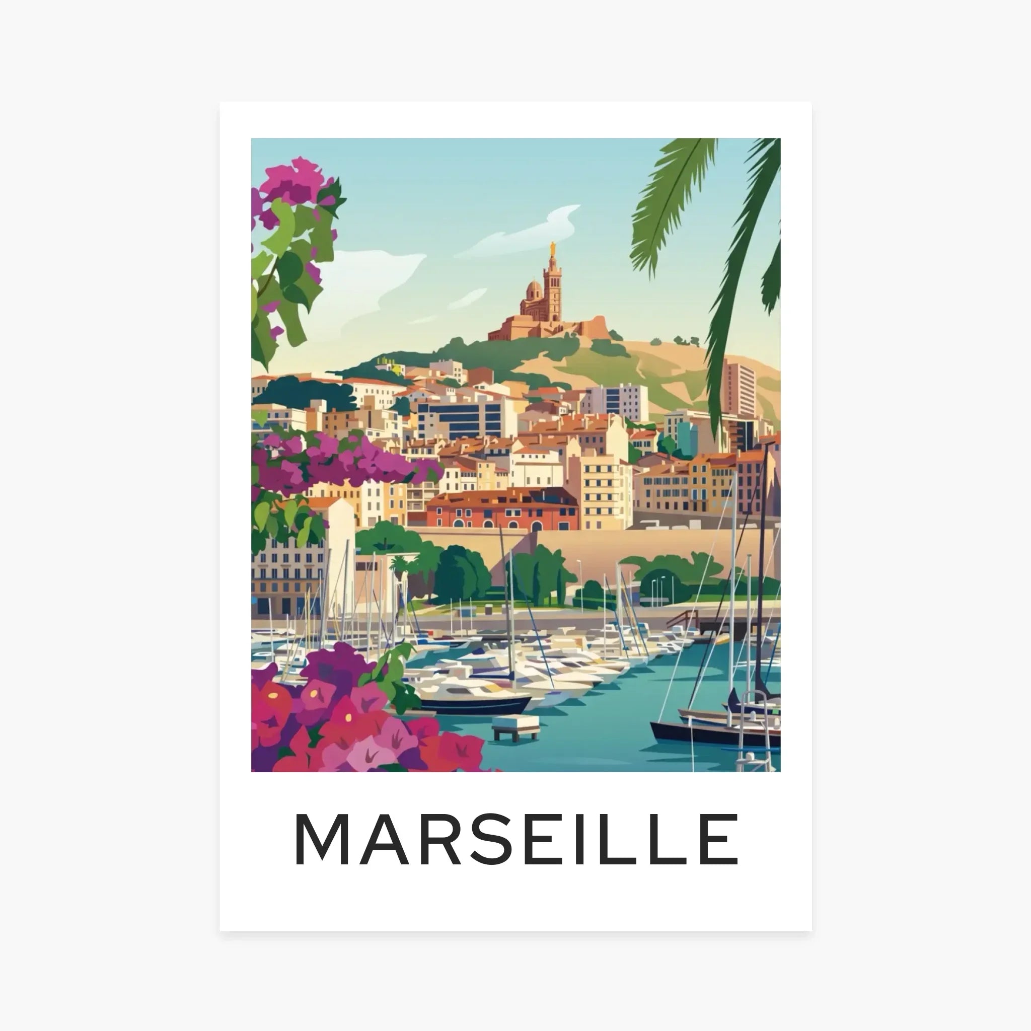 Affiche illustrée de Marseille, port, bateaux et basilique, ambiance colorée et estivale