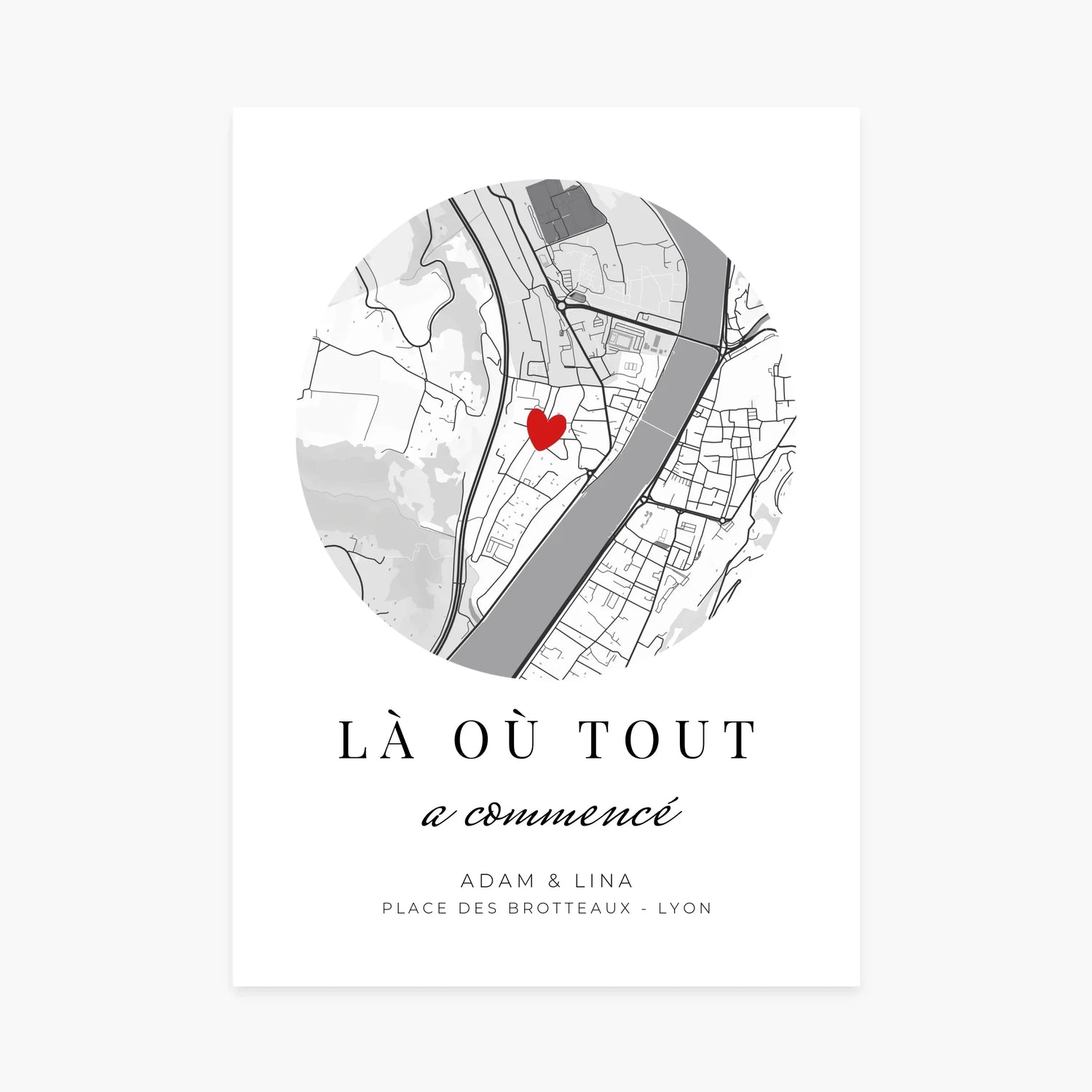 Affiche personnalisée carte de Lyon avec cœur rouge, texte décoratif, idée cadeau amour