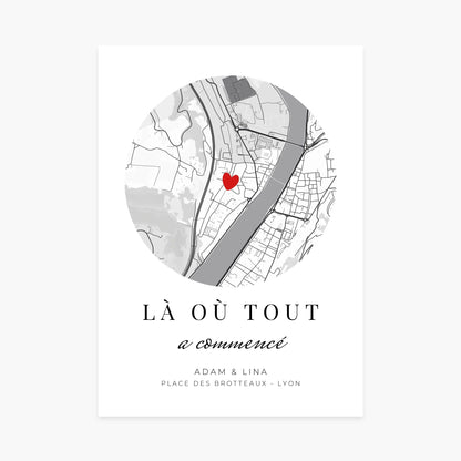 Affiche personnalisée carte de Lyon avec cœur rouge, texte décoratif, idée cadeau amour