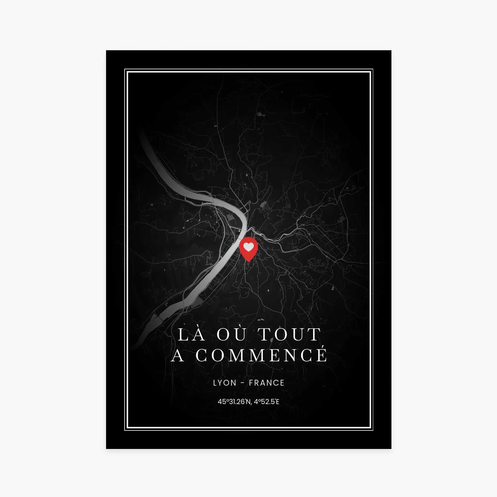 Affiche carte noire de Lyon avec localisation cœur, texte &