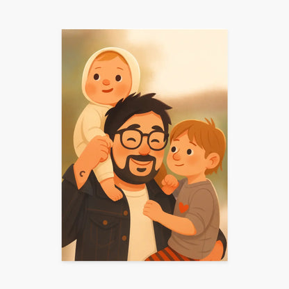 Affiche illustrée de famille, père avec deux enfants, ambiance chaleureuse, cadeau personnalisé
