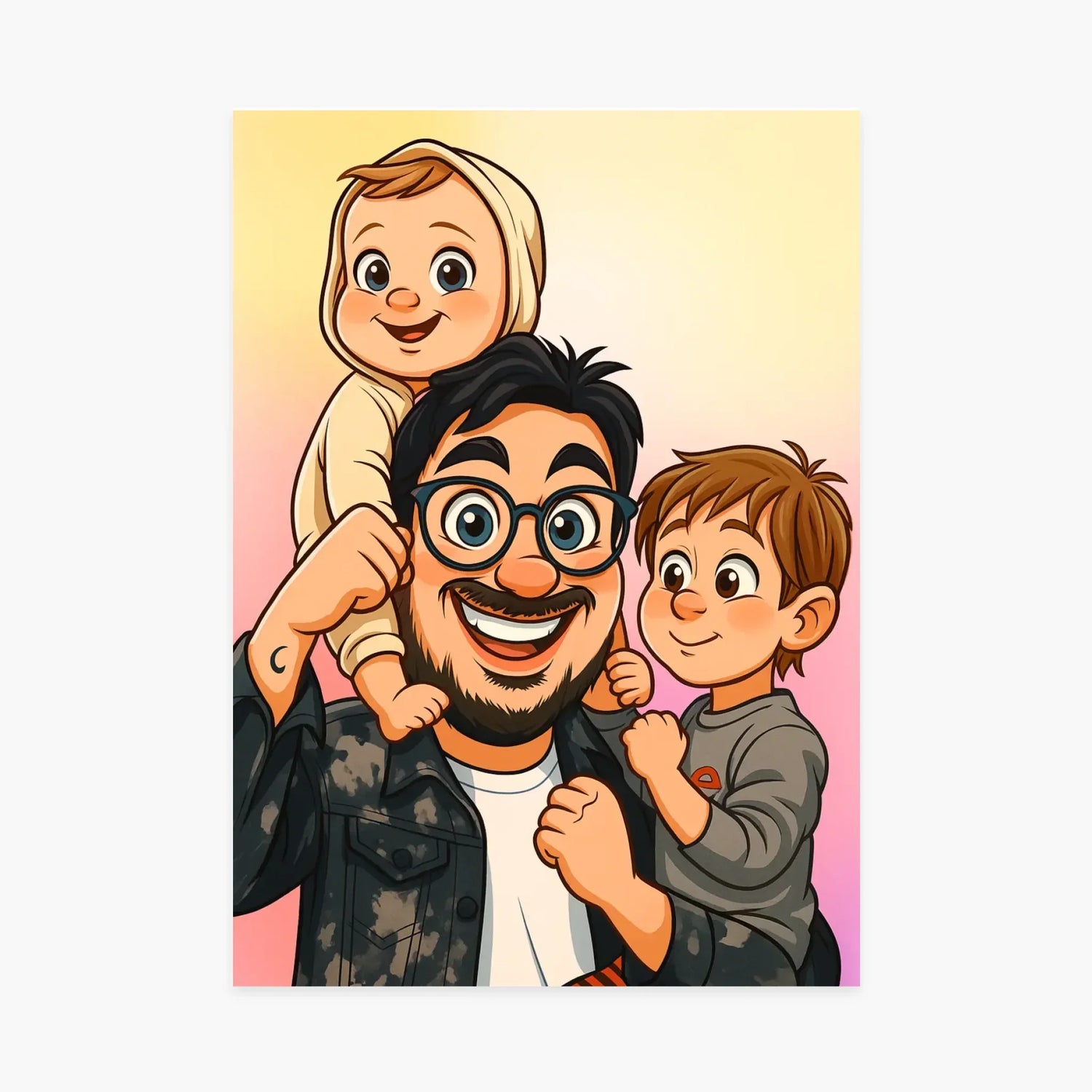 Portrait illustré d’un père souriant avec ses deux enfants, ambiance joyeuse et familiale.