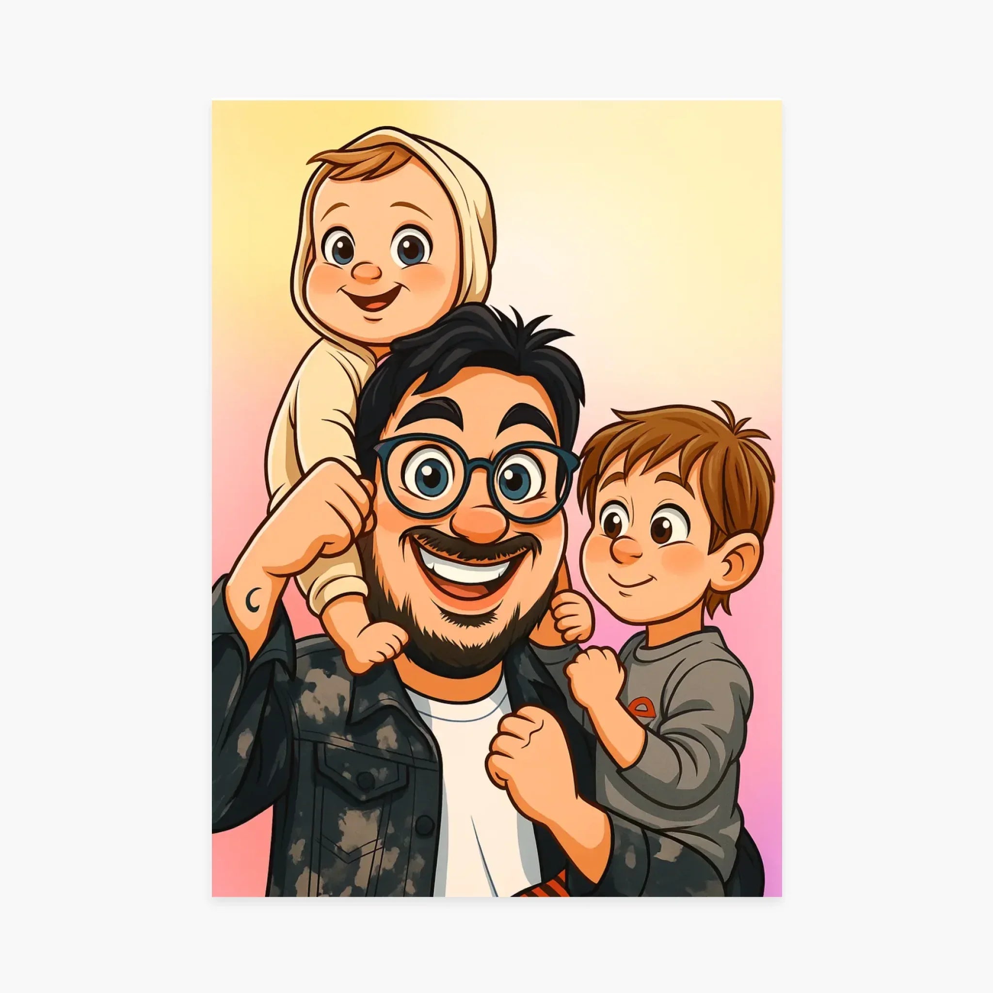 Portrait illustré d’un père souriant avec ses deux enfants, ambiance joyeuse et familiale.