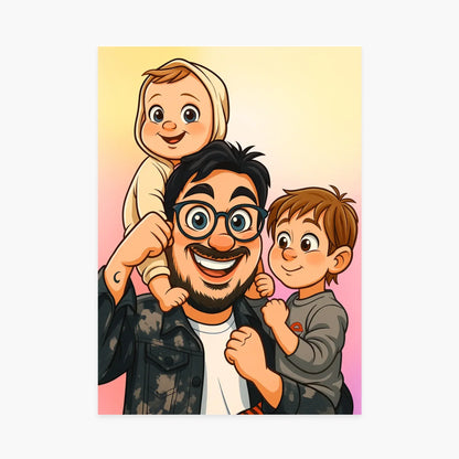 Portrait illustré d’un père souriant avec ses deux enfants, ambiance joyeuse et familiale.