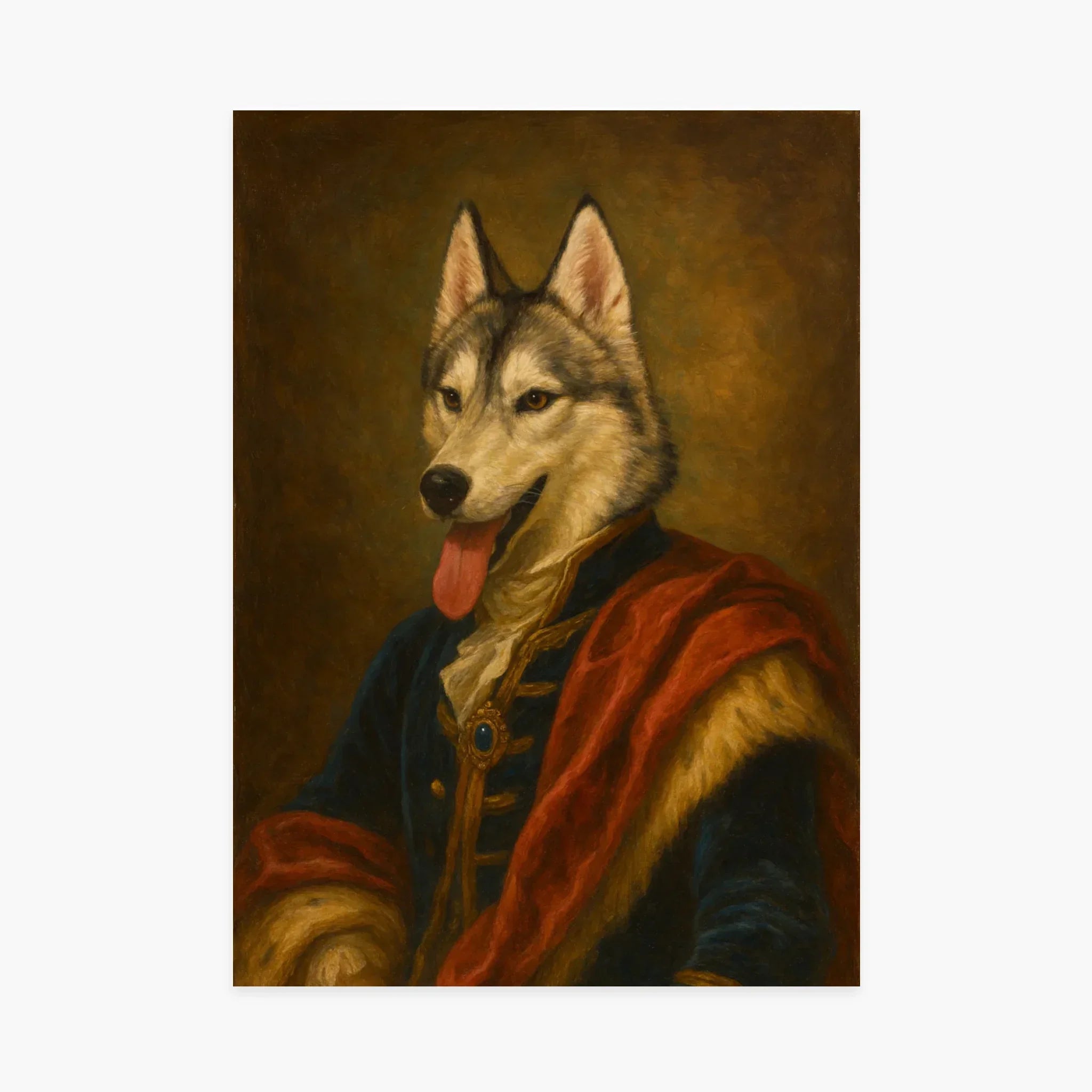 Portrait d’un husky déguisé en noble, style tableau classique, affiche originale
