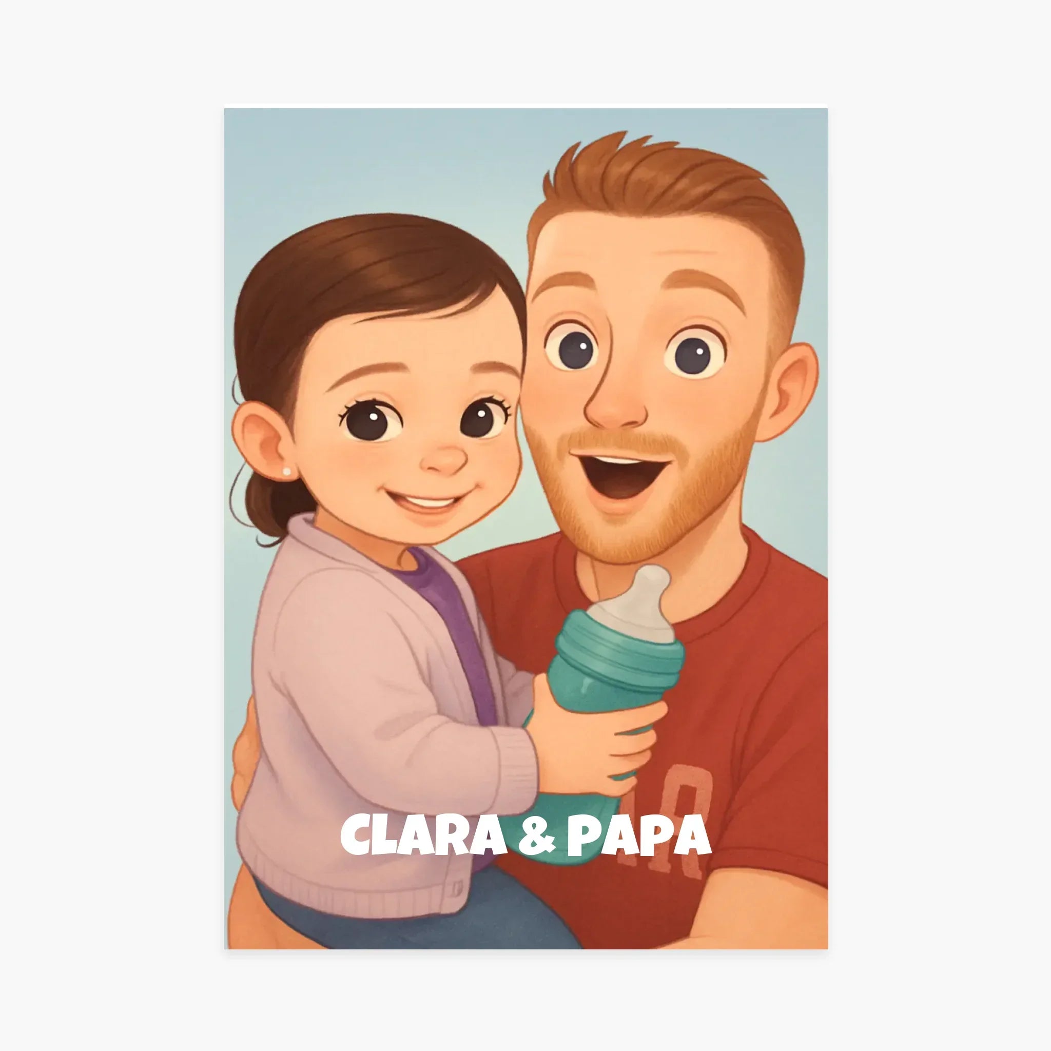 Affiche illustrée personnalisée d’un père et sa fille tenant un biberon, texte Clara &amp; Papa