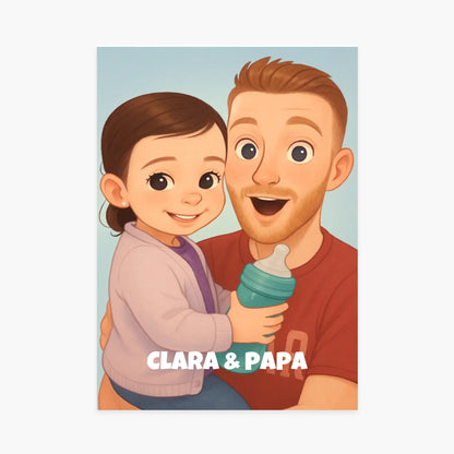 Affiche illustrée personnalisée d’un père et sa fille tenant un biberon, texte Clara &amp; Papa