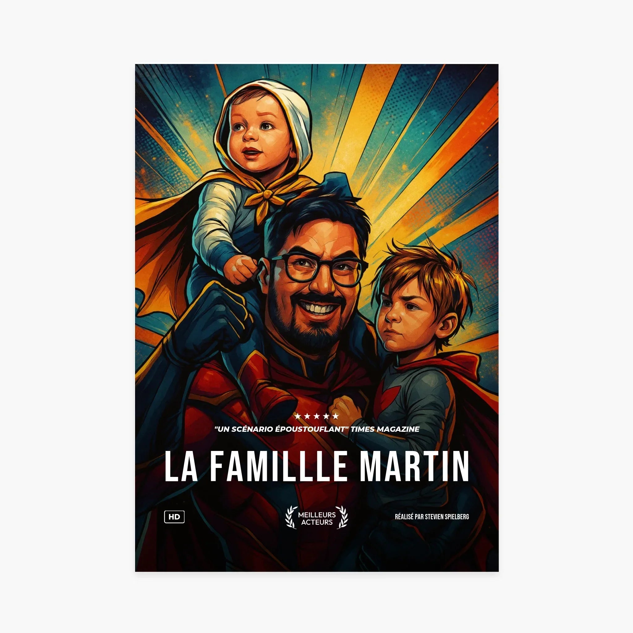 Affiche personnalisée style super-héros avec un père et deux enfants en capes colorées