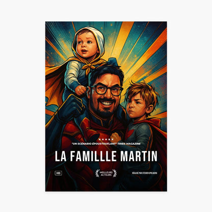 Affiche personnalisée style super-héros avec un père et deux enfants en capes colorées