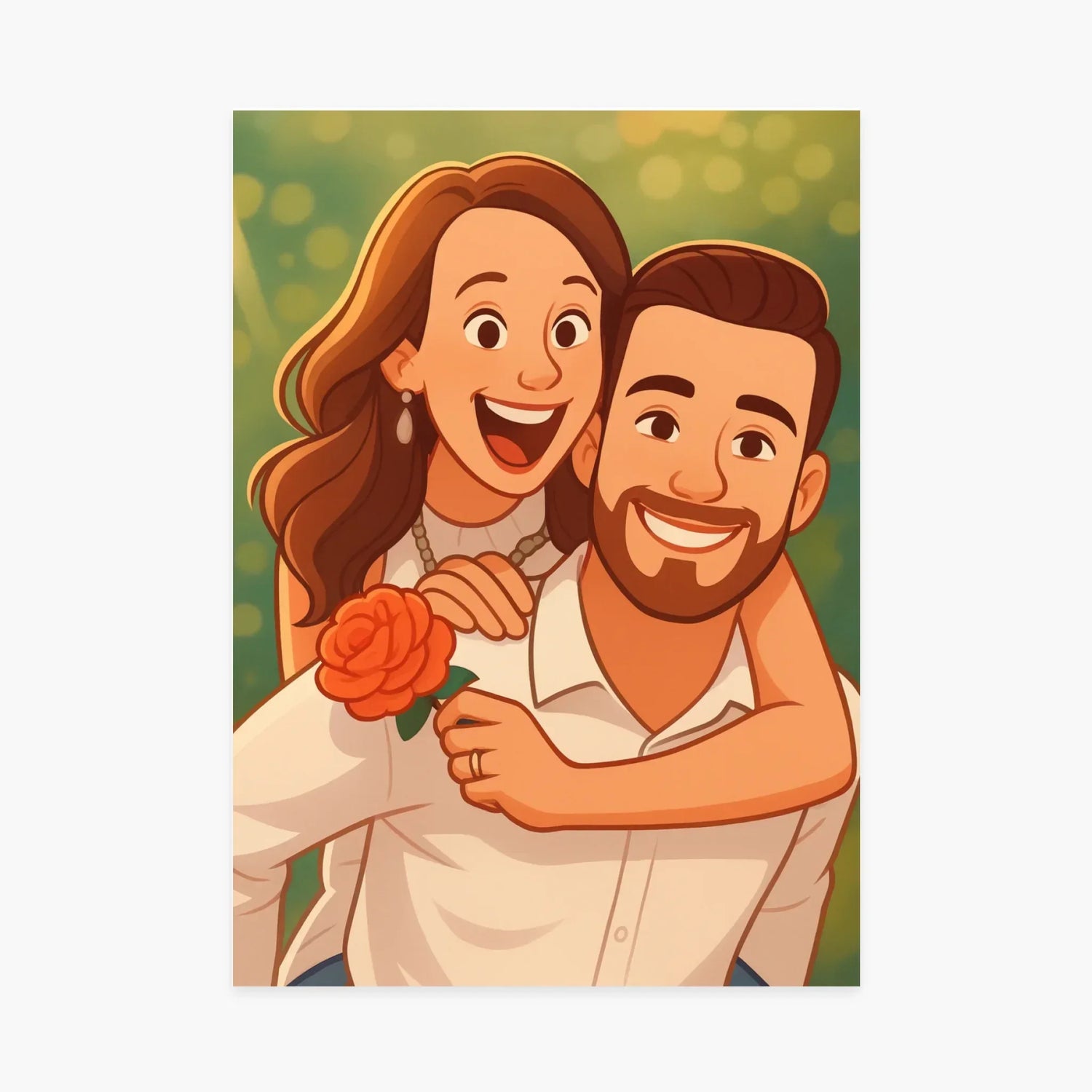 Portrait personnalisé style dessin d’un couple heureux, femme tenant une rose