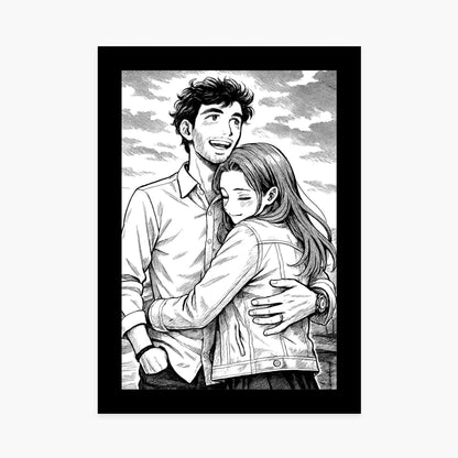 Portrait manga en noir et blanc d’un couple s’enlaçant, ciel nuageux en arrière-plan.