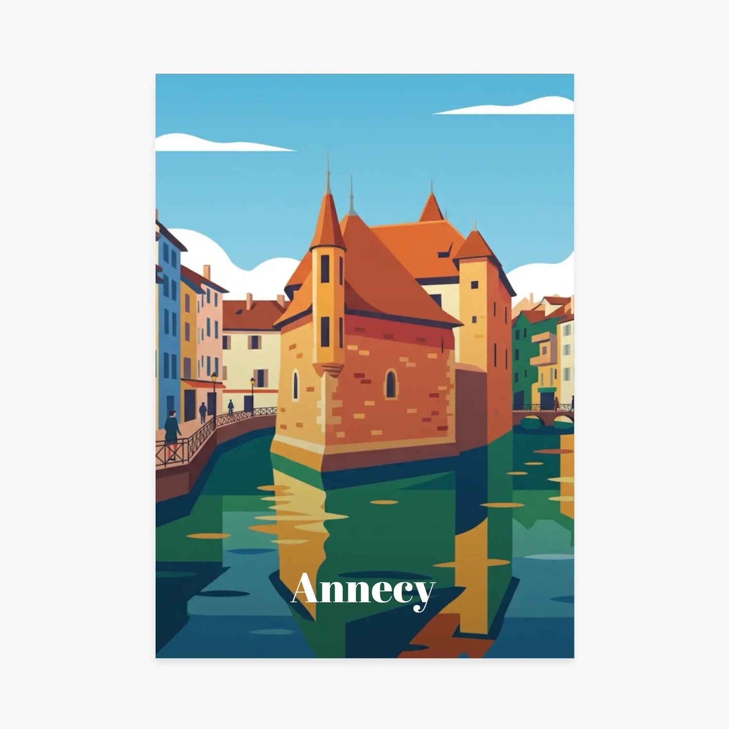 Affiche illustrée d’Annecy avec le Palais de l’Isle, canaux et maisons colorées