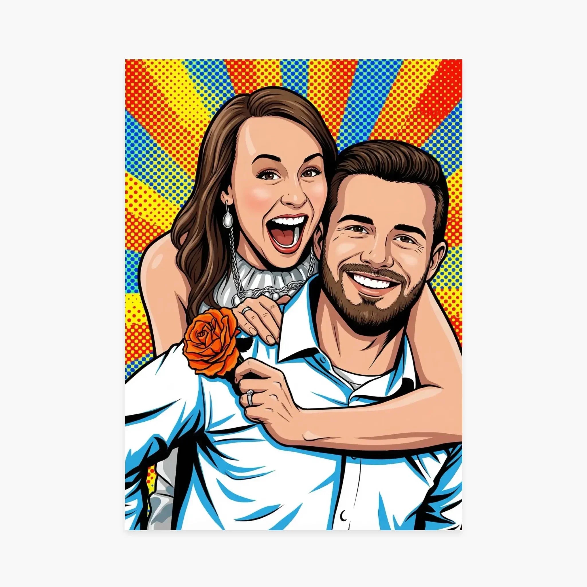 Portrait pop art personnalisé d’un couple souriant avec une rose orange