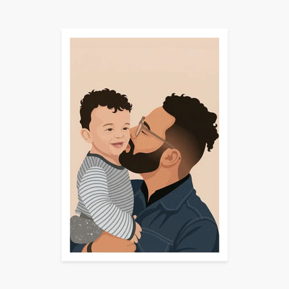 Affiche personnalisée illustrant un père barbu portant son enfant qui sourit, fond beige.